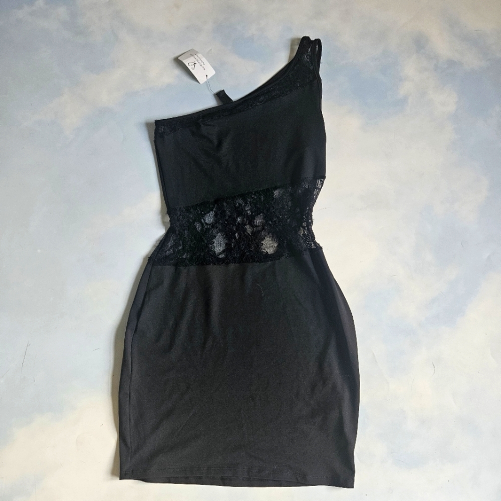 Elegant Black Lace Dress One Shoulder Mini Dress Cutout Dress Sexy Cutout Dress
